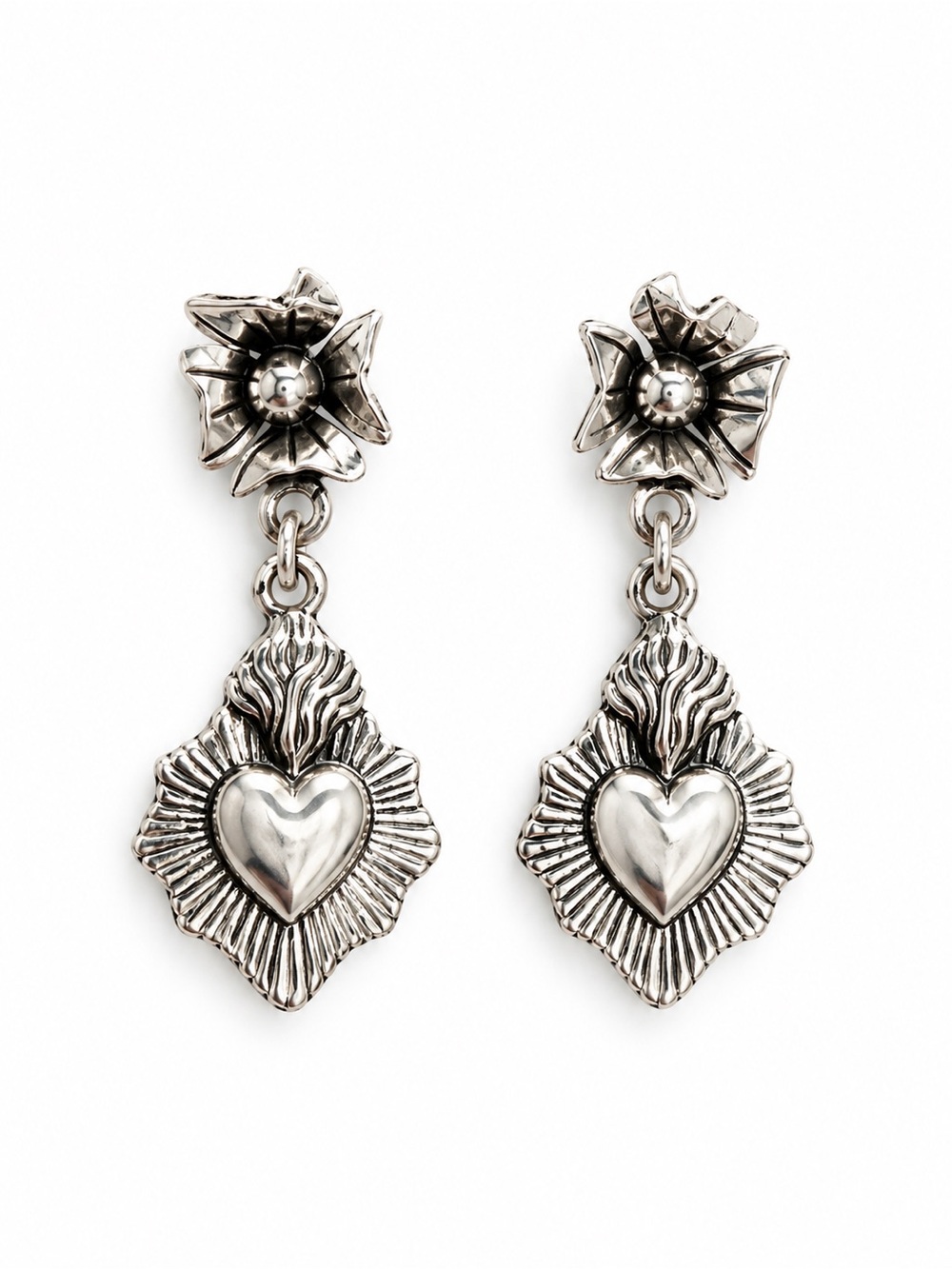 Silver Heart Drop Earrings with Floral Stud